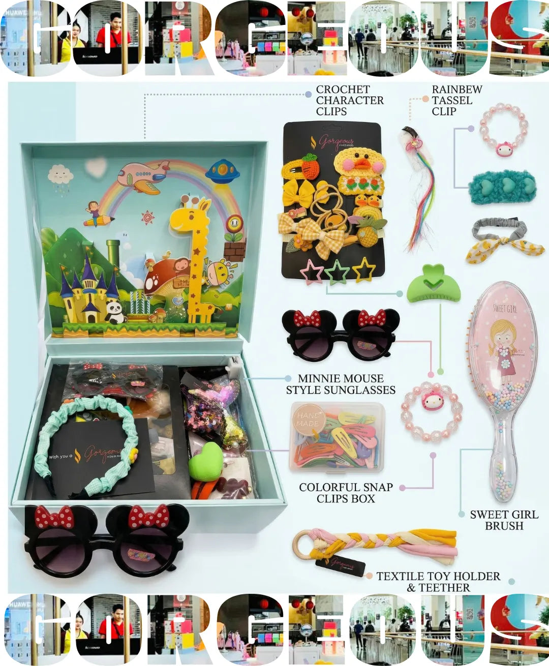 Kids Surprise Gift Box – Cute Accessories & Toys Set for Girls | Hair Clips, Headbands, Sunglasses, Plush Toy & Fun Kids Gift Hamper