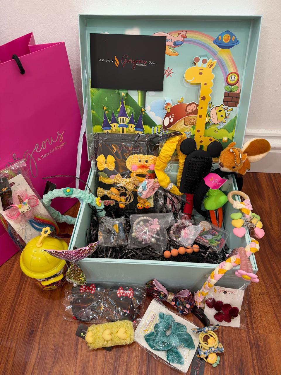 Kids Surprise Gift Box – Cute Accessories & Toys Set for Girls | Hair Clips, Headbands, Sunglasses, Plush Toy & Fun Kids Gift Hamper